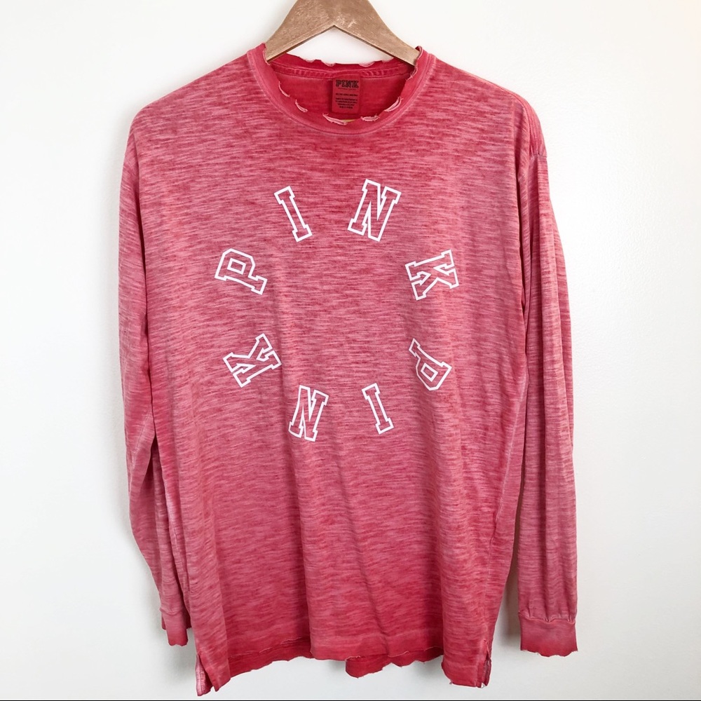 VS PINK Heathered Red Long Sleeve Distressed Tee